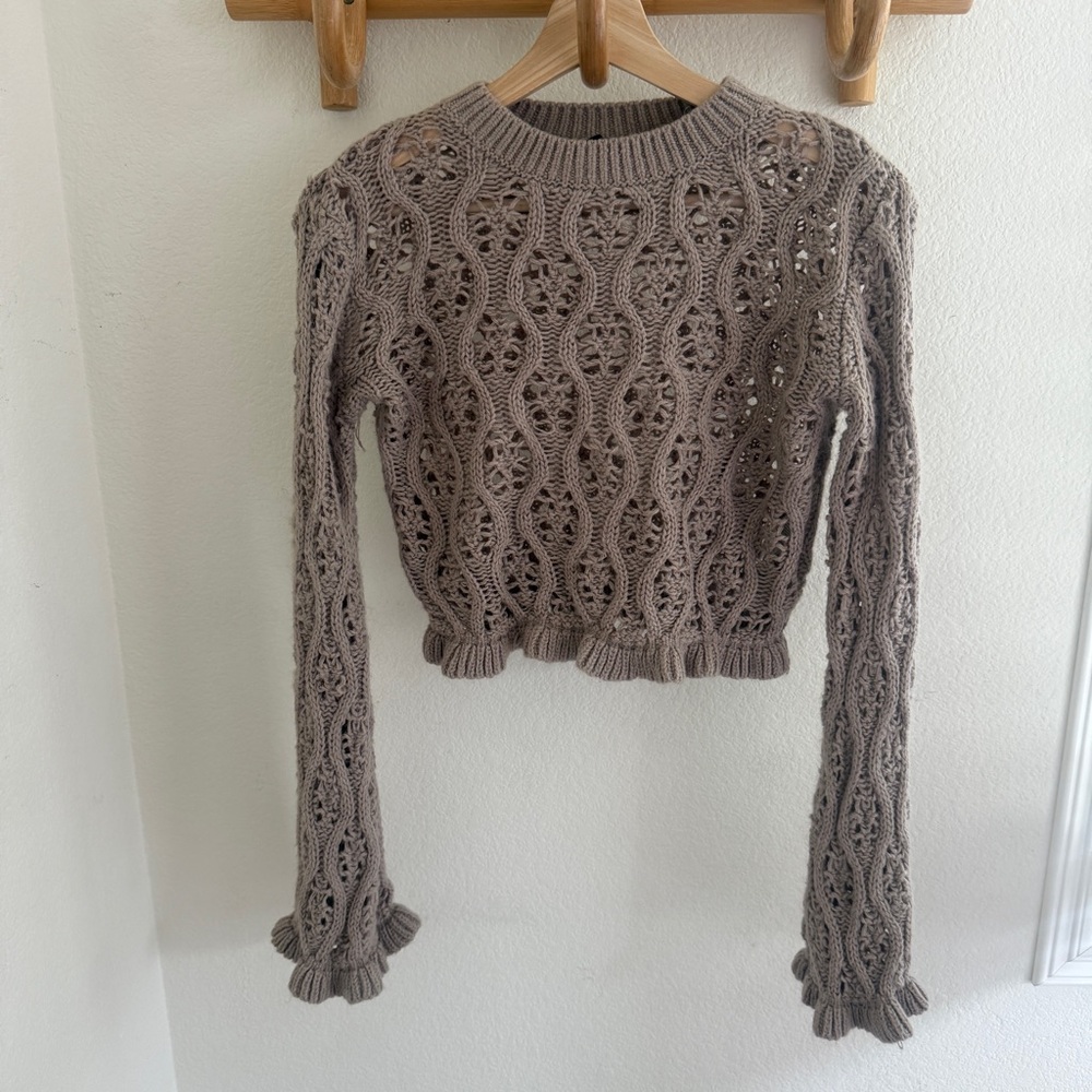 Whimsical boho Cropped brown crochet knit long sleeve crew neck sweater ruffle